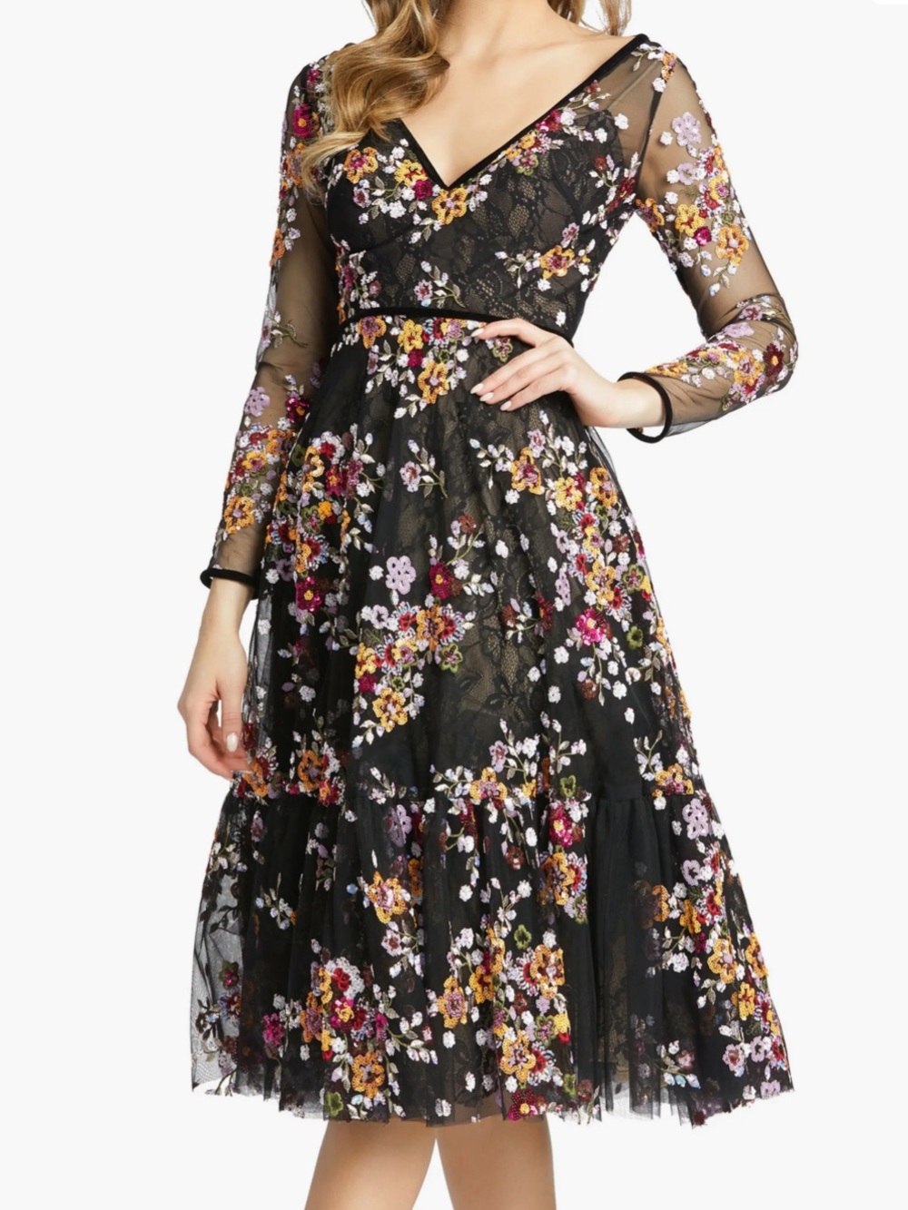 Mac Duggal Black Floral Sequins Overlay Lace Velvet Trim Midi Long Dress 0 XS